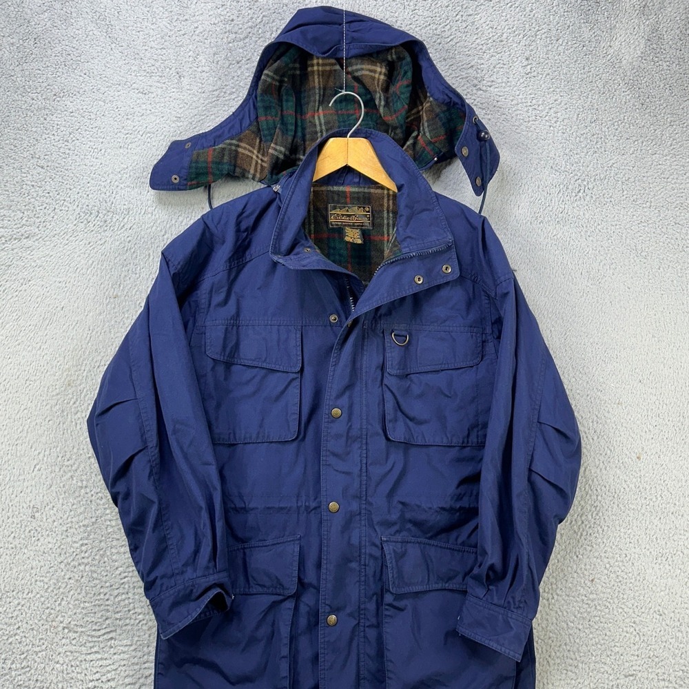 VINTAGE Eddie Bauer Wool Lined Jacket Parka Long Coat Men Small Blue Flap Pocket